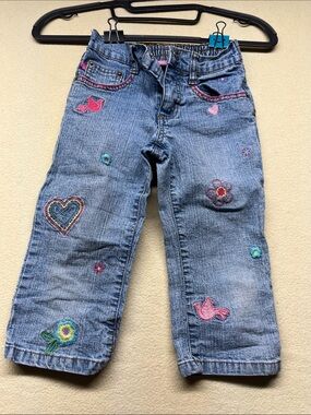Zana Di Blue Denim Girls' Jeans with Pink & Multicolor Embroidery